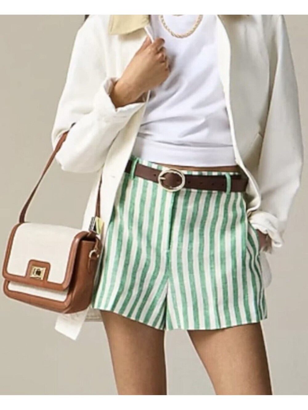 J.Crew Womens 3” Harbor Linen Shorts Green White Striped Medium M